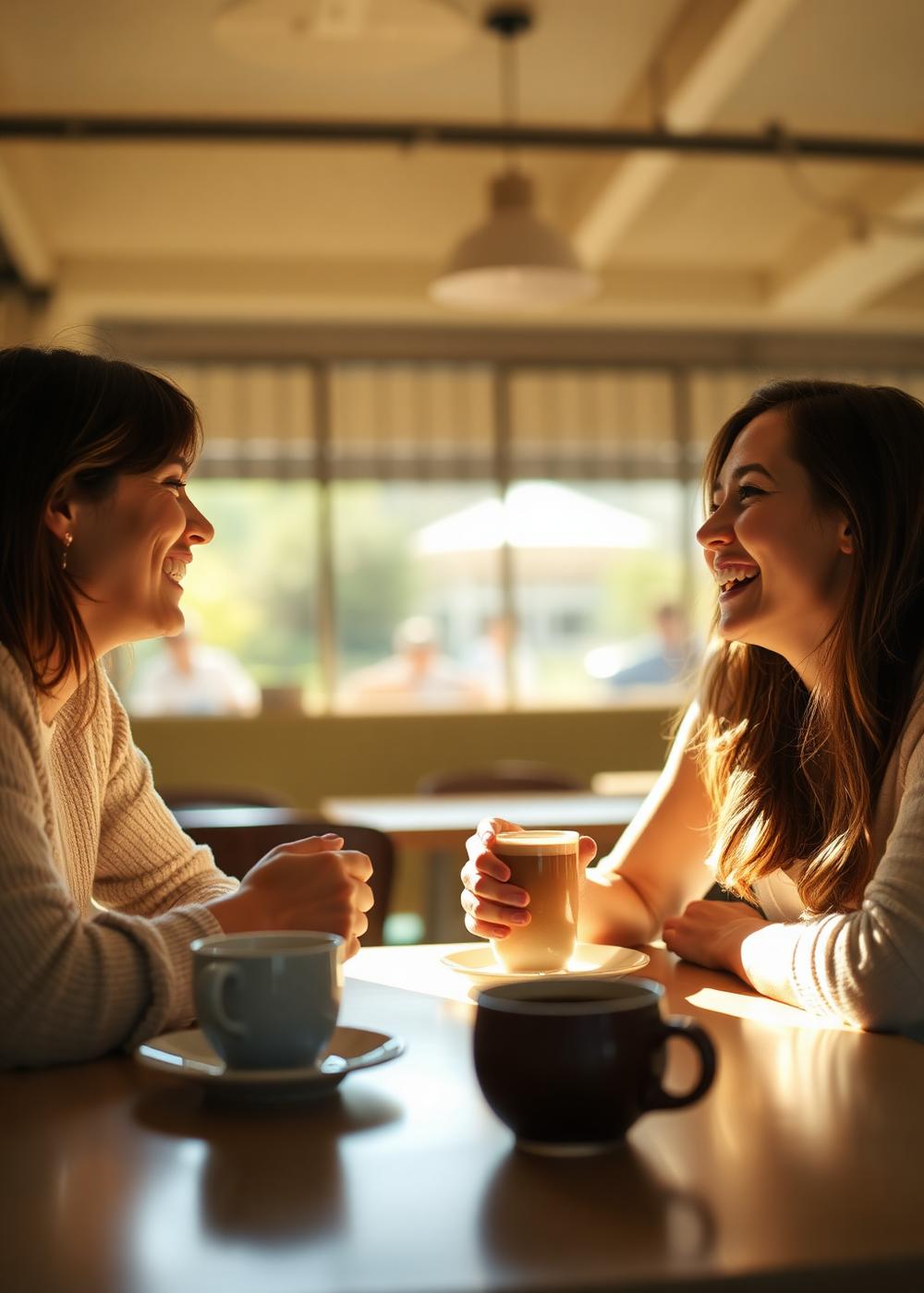 Two friends laughing over coffee