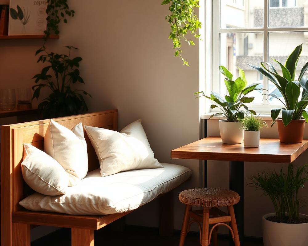 Cozy window seating with linen cushions
