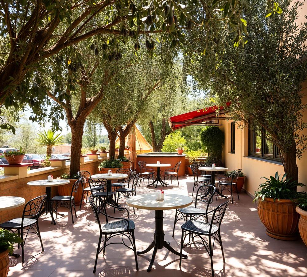 Sunlit outdoor terrace seating