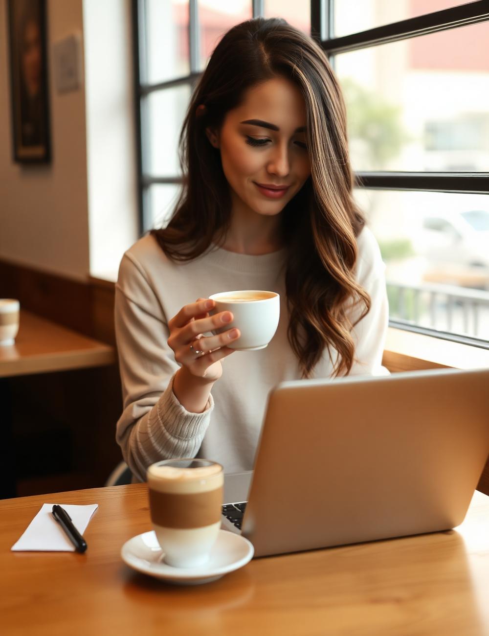Guest working on a laptop with a cappuccino