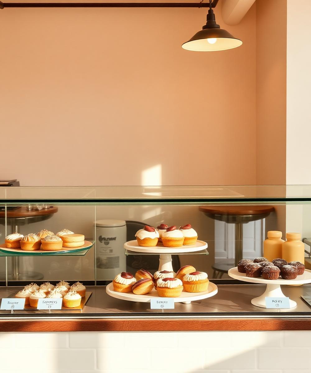 Pastry display case in warm light